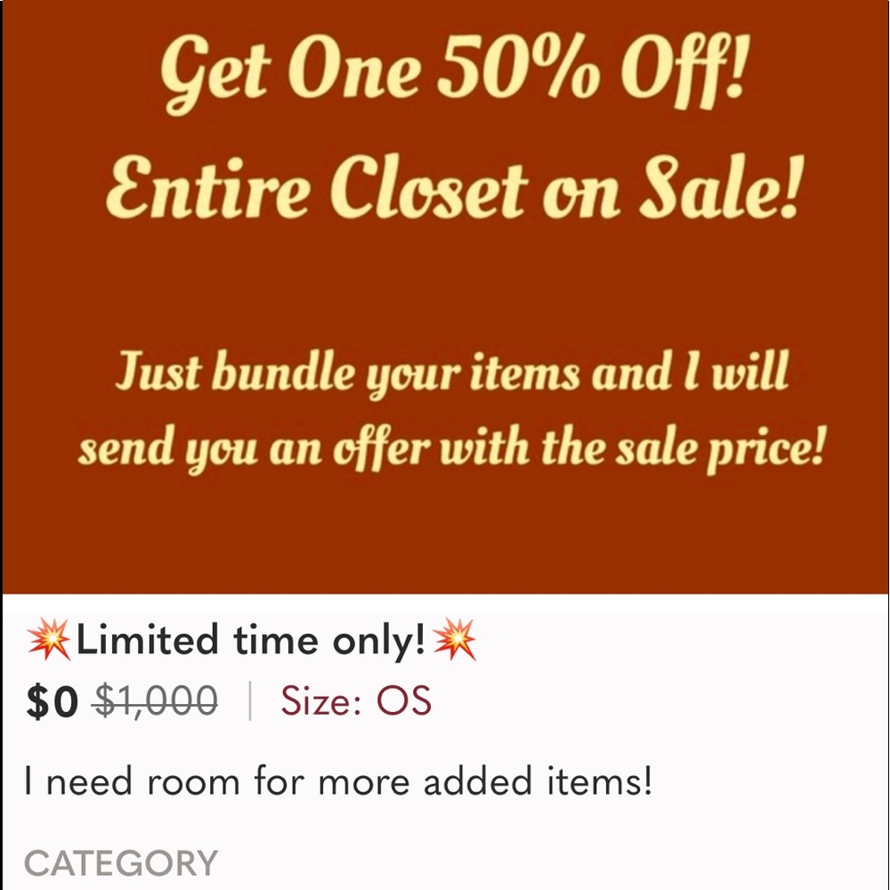 BOGO 1/2 off 50% Closet clear out need to make room for new inventory!